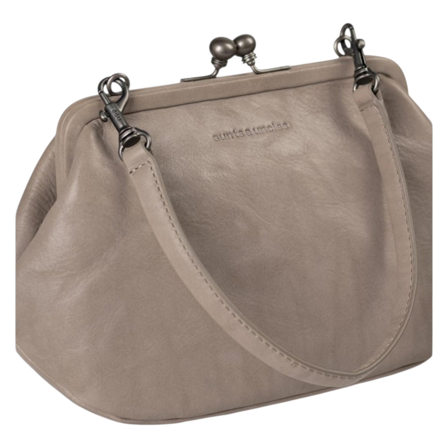 Lieblingstasche Mrs. Pizzelle taupe leather handbag with a vintage-style kiss-lock clasp and detachable shoulder strap.