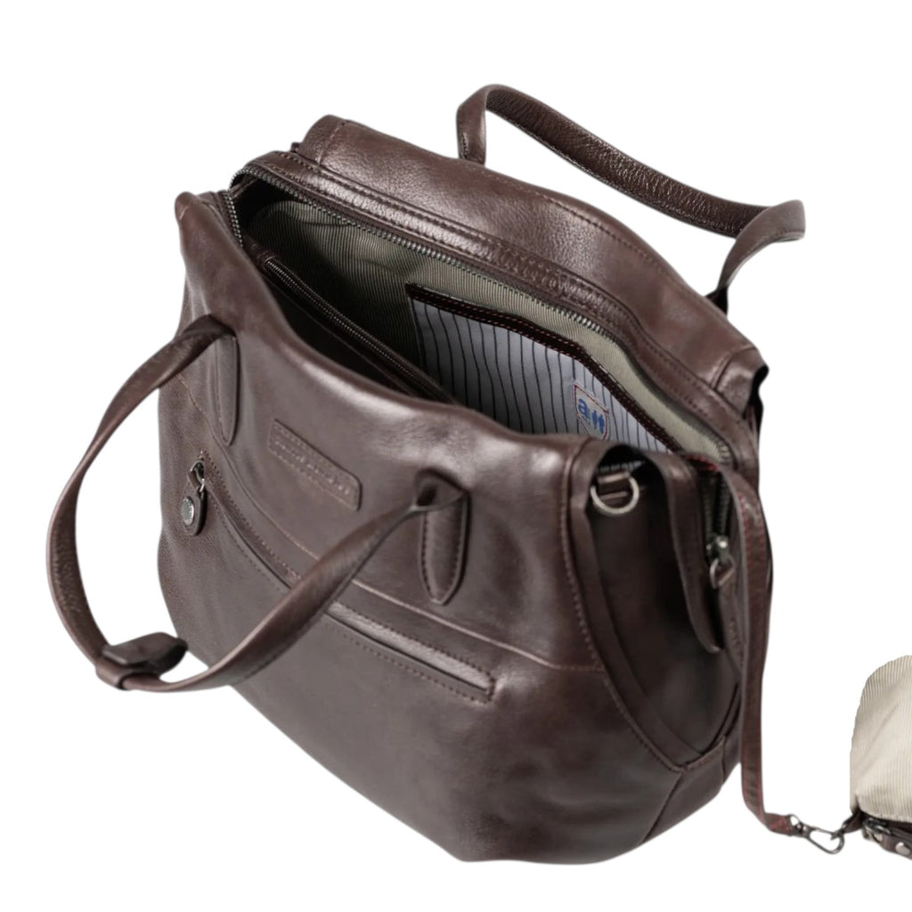 Lieblingstasche Mrs. Profiterole dark brown leather handbag with top handles and interior striped lining