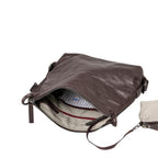 Lieblingstasche Mrs. Raisin Cookie brown leather crossbody bag with open zipper and striped interior lining