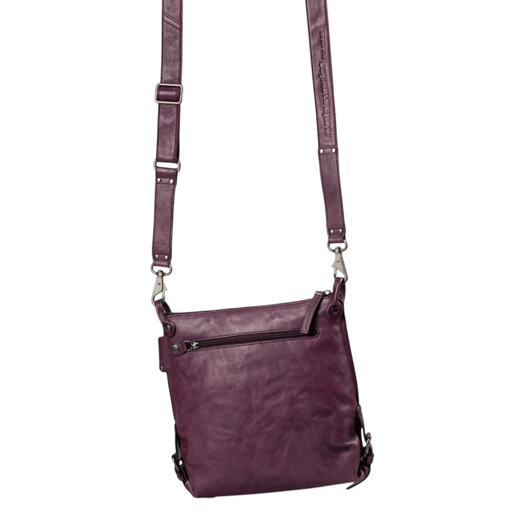 Lieblingstasche Mrs. Raisin Cookie purple leather crossbody bag with adjustable strap and back zipper pocket