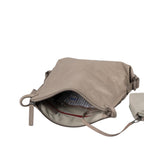 Lieblingstasche Mrs. Raisin Cookie taupe leather crossbody bag with open zippered top and striped interior lining