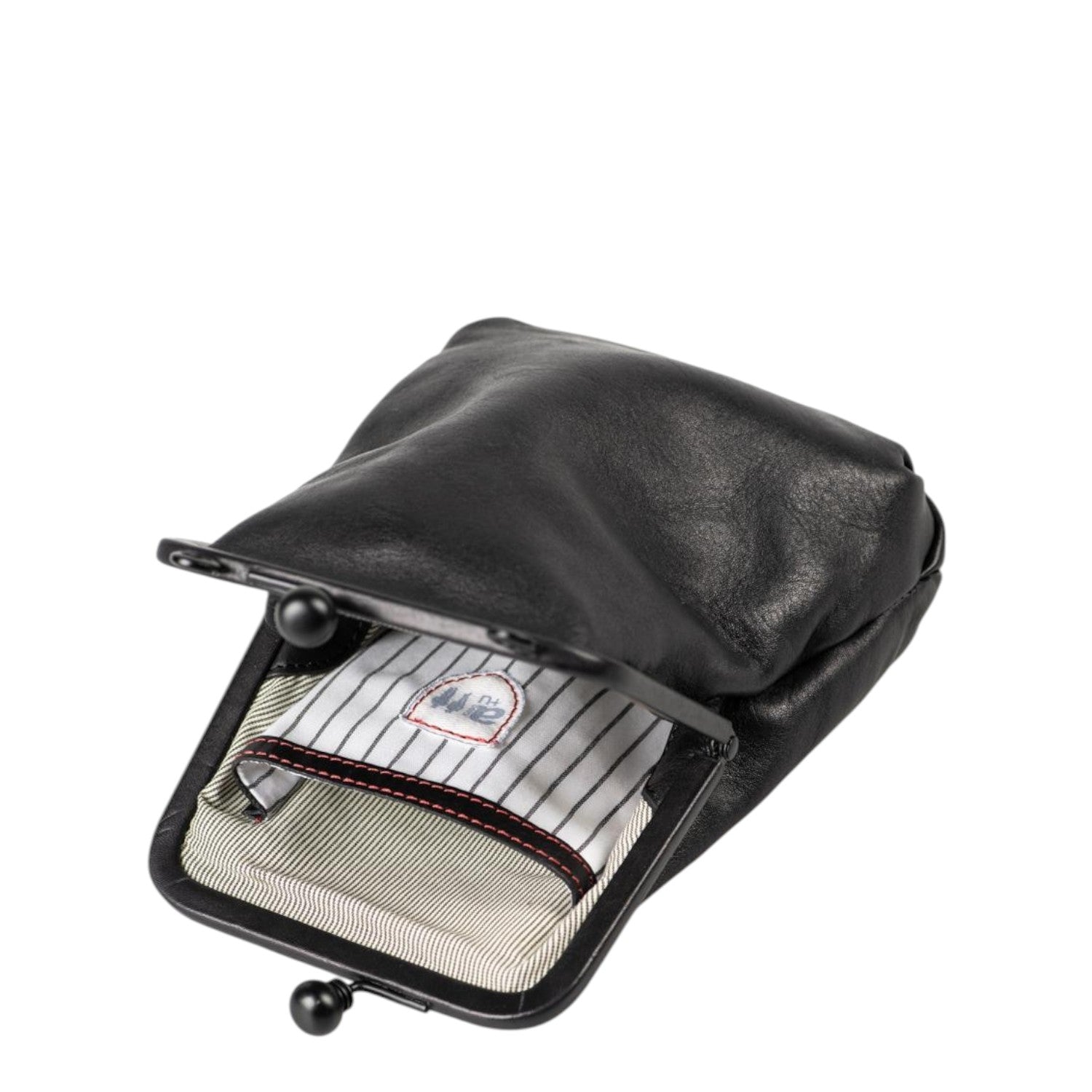 Lieblingstasche aunts & uncles Mrs. Sugar Pop black leather vintage clutch with kiss-lock clasp and striped lining