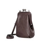 Lieblingstasche Mrs. Sugar Pop dark brown leather crossbody bag with a vintage-style metal kiss-lock clasp.