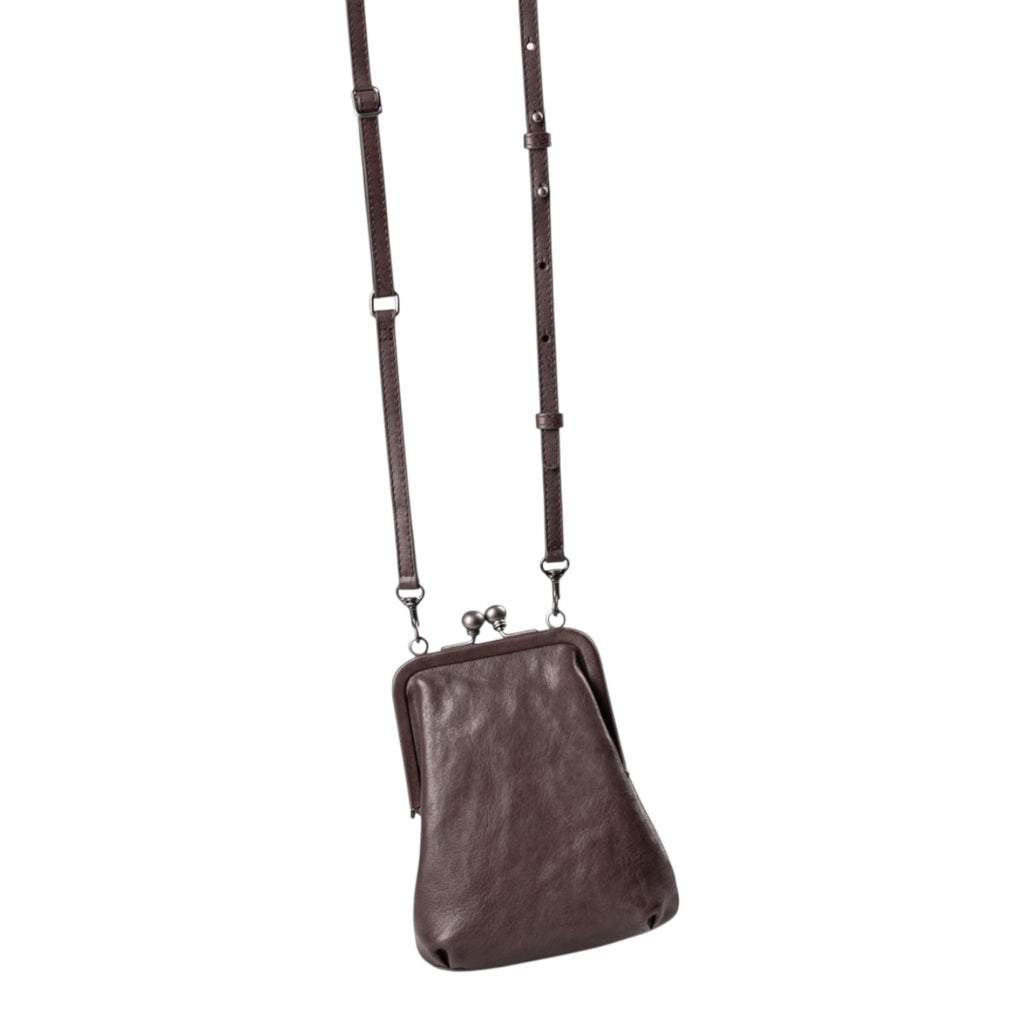 Lieblingstasche Mrs. Sugar Pop dark brown leather crossbody bag with a vintage-style kiss-lock clasp closure.