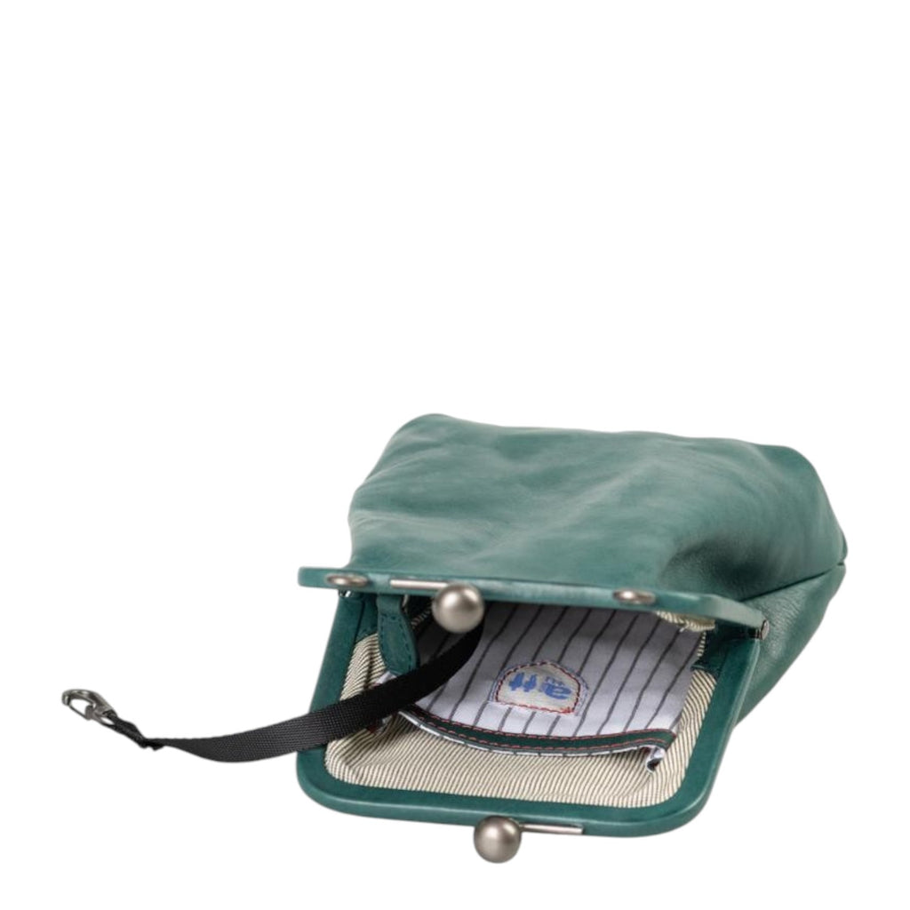 Lieblingstasche Mrs. Sugar Pop dark green leather purse with a vintage-style metal kiss-lock clasp and striped lining