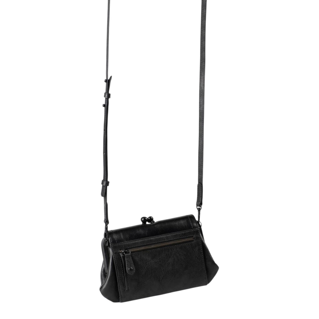 Lieblingstasche Mrs. Whoopie Pie black leather crossbody bag with a vintage-style kiss-lock clasp and zipper pocket