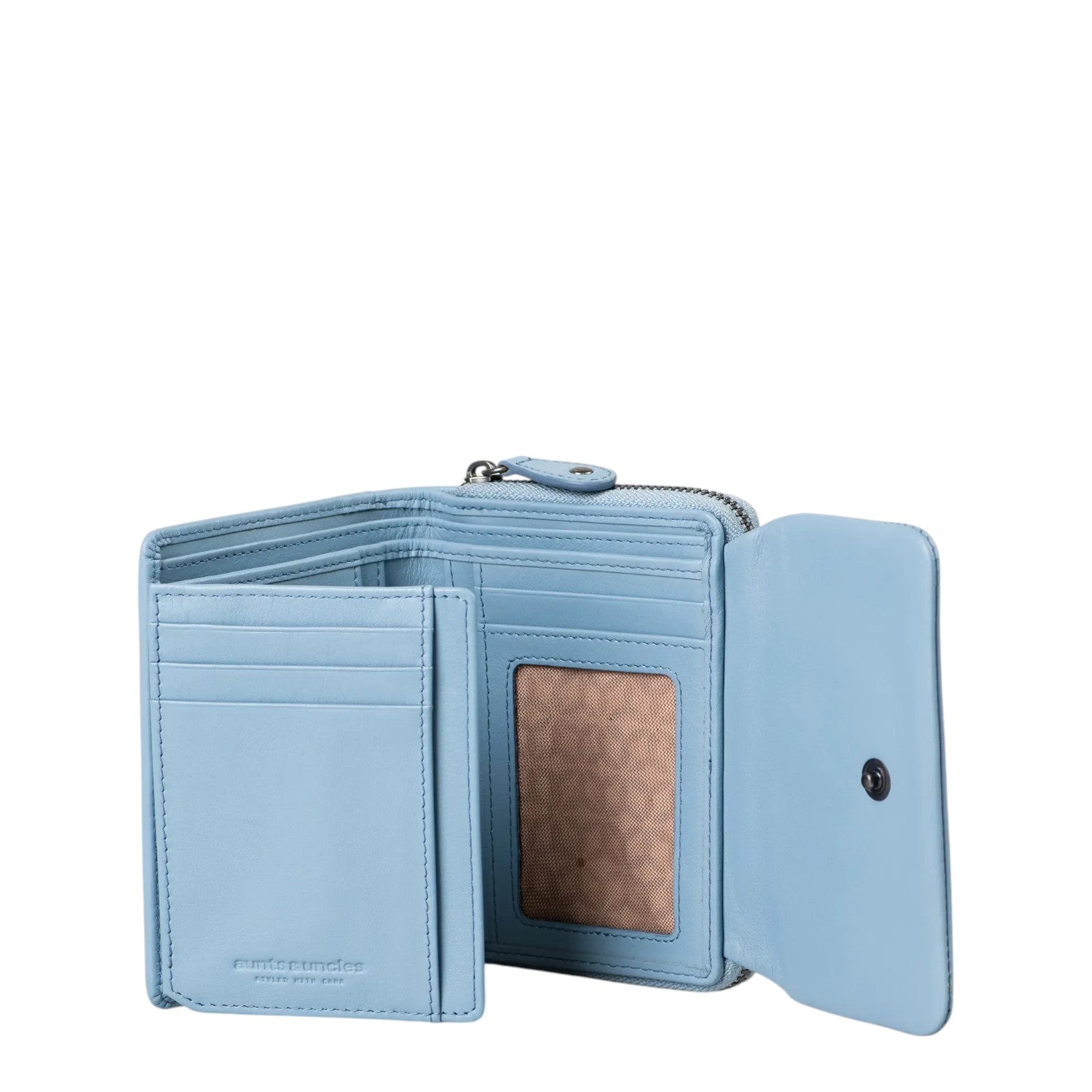 Lieblingstasche Myrtle light blue leather wallet with multiple card slots and an open interior view