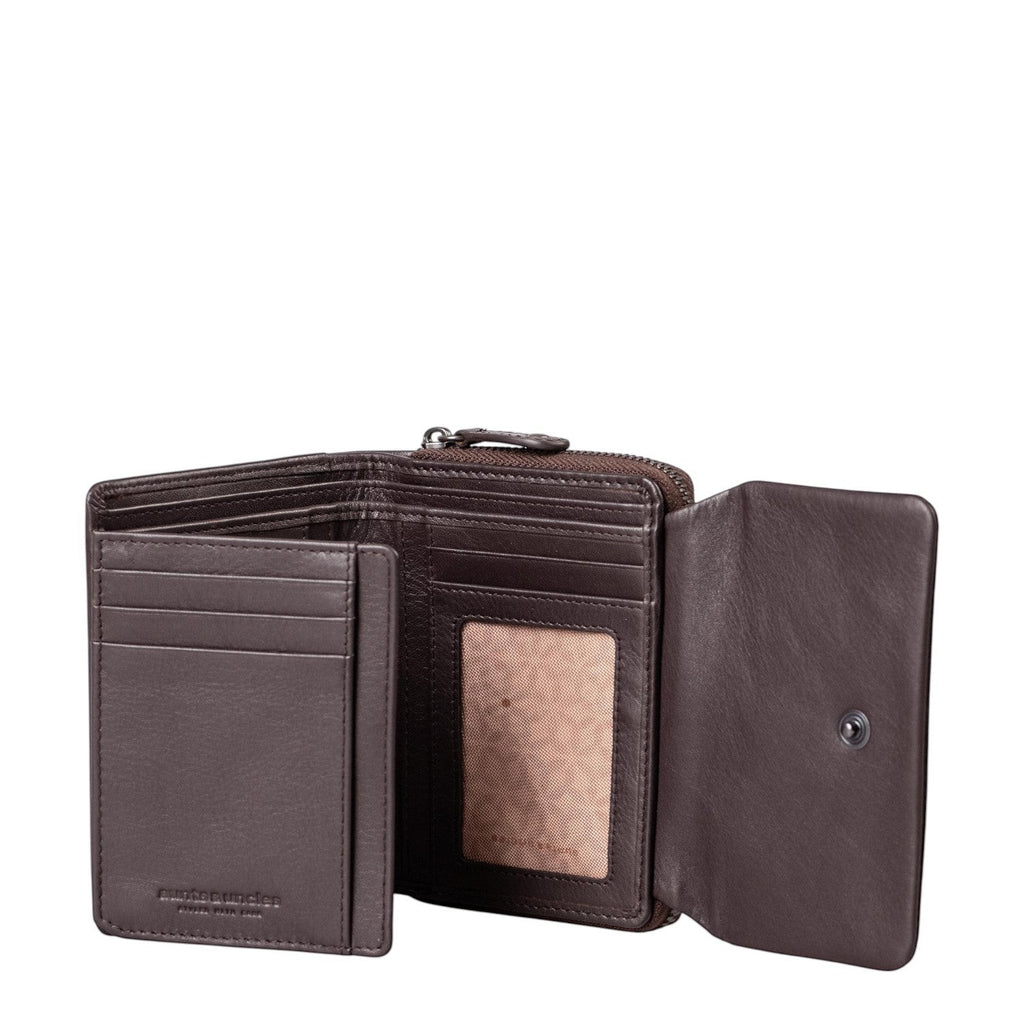Lieblingstasche Myrtle dark brown leather wallet with card slots and a zip compartment open on a white background