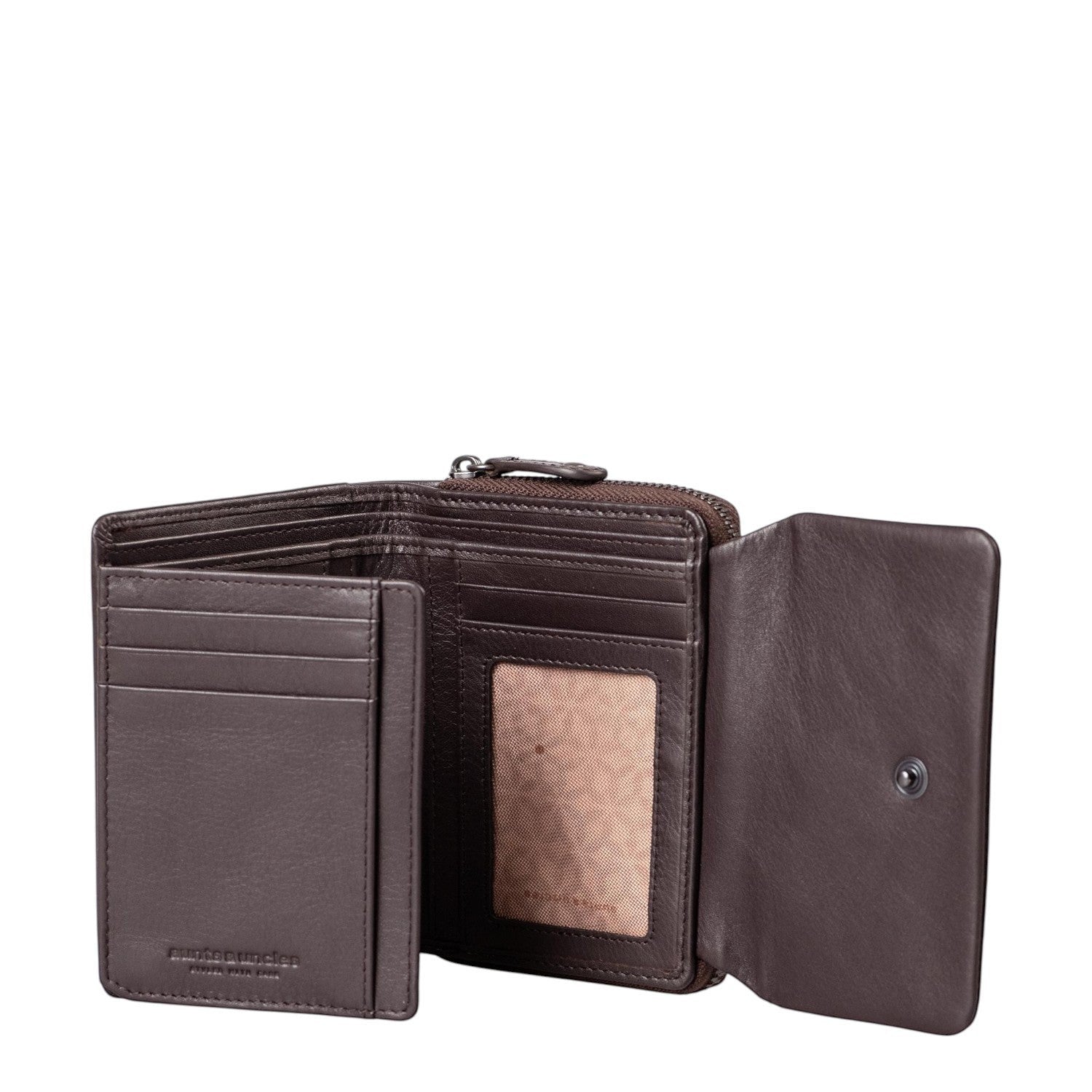 Lieblingstasche Myrtle dark brown leather wallet with card slots and a zip compartment open on a white background