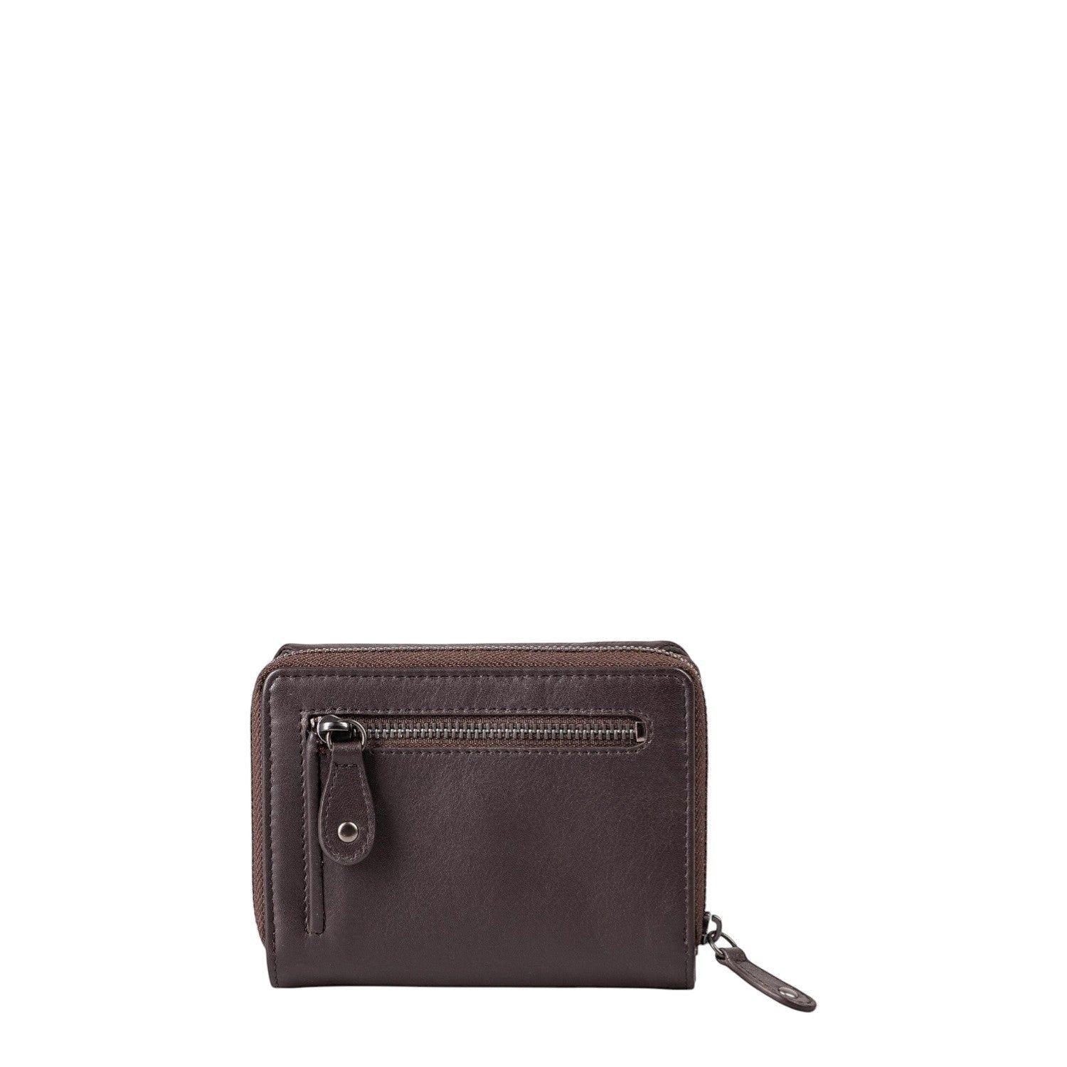 Lieblingstasche Myrtle dark brown leather wallet with a zippered exterior pocket and matching zipper pull.