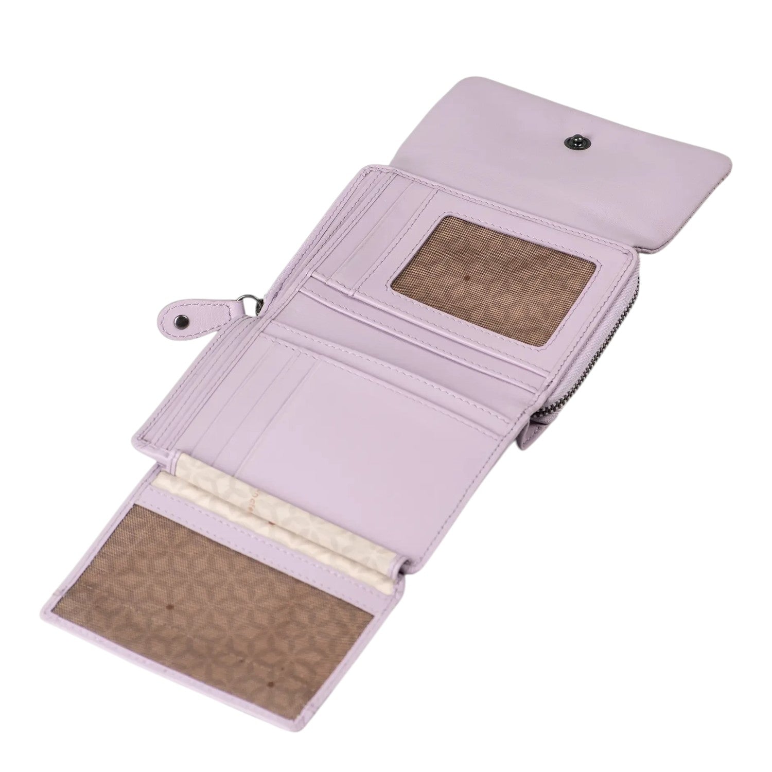 Lieblingstasche Myrtle lilac leather wallet with multiple card slots and an open interior view