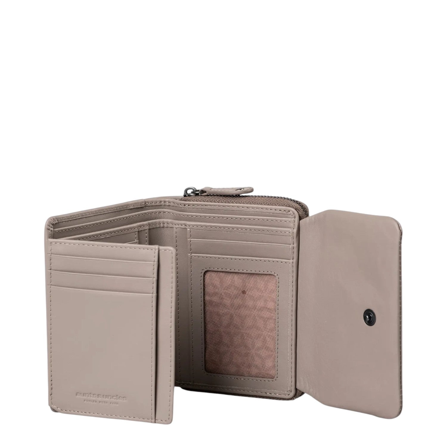 Lieblingstasche Myrtle taupe leather wallet with multiple card slots and a clear ID window in an open view.