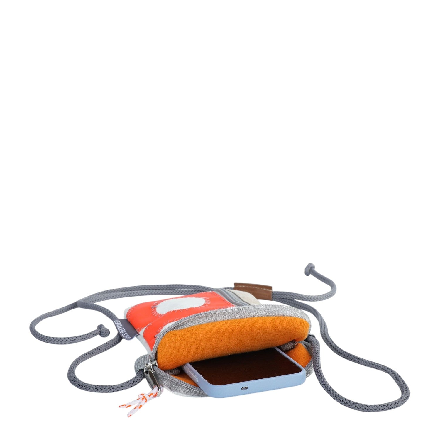 Lieblingstasche Nautik Lütt orange phone pouch with grey cord and white graphic detail