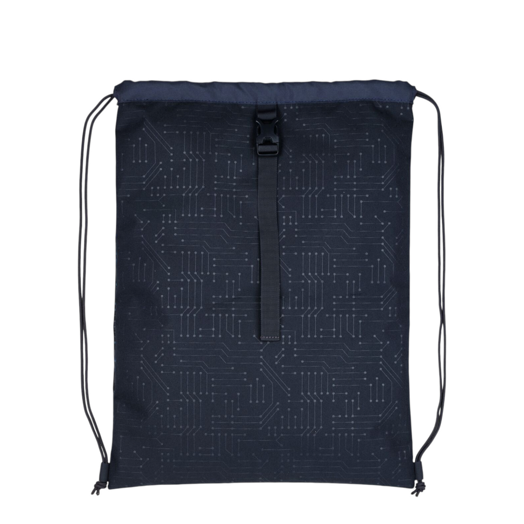 Lieblingstasche navy blue drawstring backpack with a subtle circuit board pattern and a central buckle strap closure.