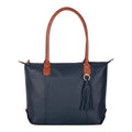 Lieblingstasche Lucia L navy blue leather tote bag with tan leather straps and tassel detail.