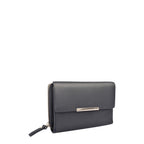 Lieblingstasche navy blue leather zip-around wallet with silver hardware and a front flap closure.