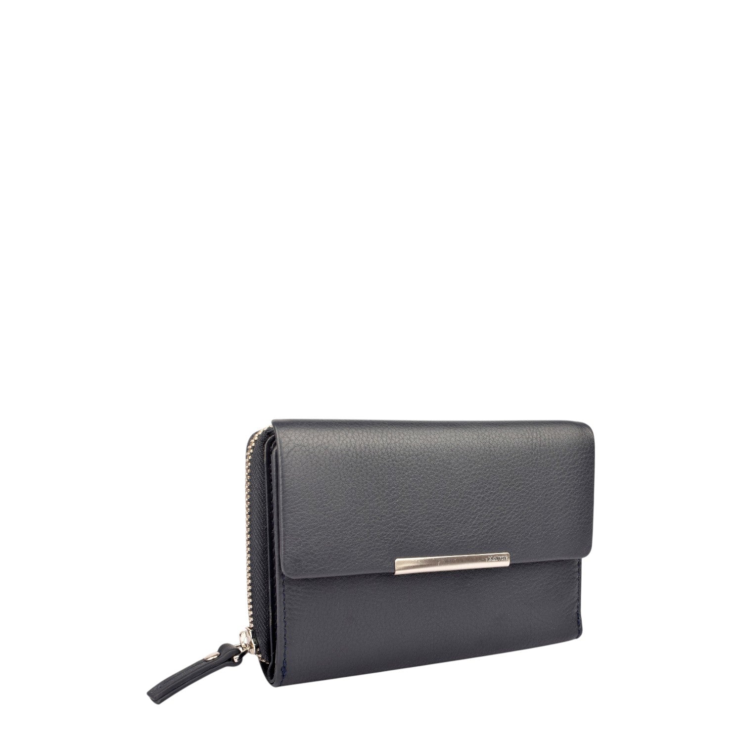Lieblingstasche navy blue leather zip-around wallet with silver hardware and a front flap closure.
