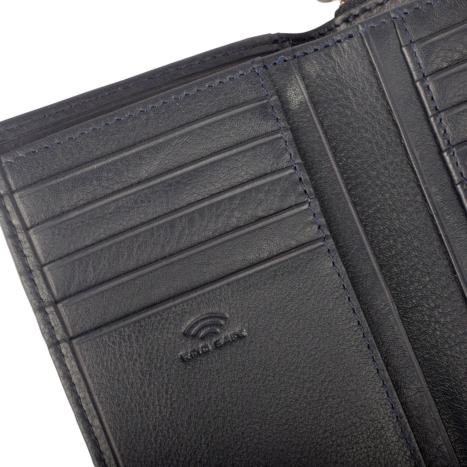 Lieblingstasche navy blue leather bifold wallet with RFID safe technology and multiple card slots.