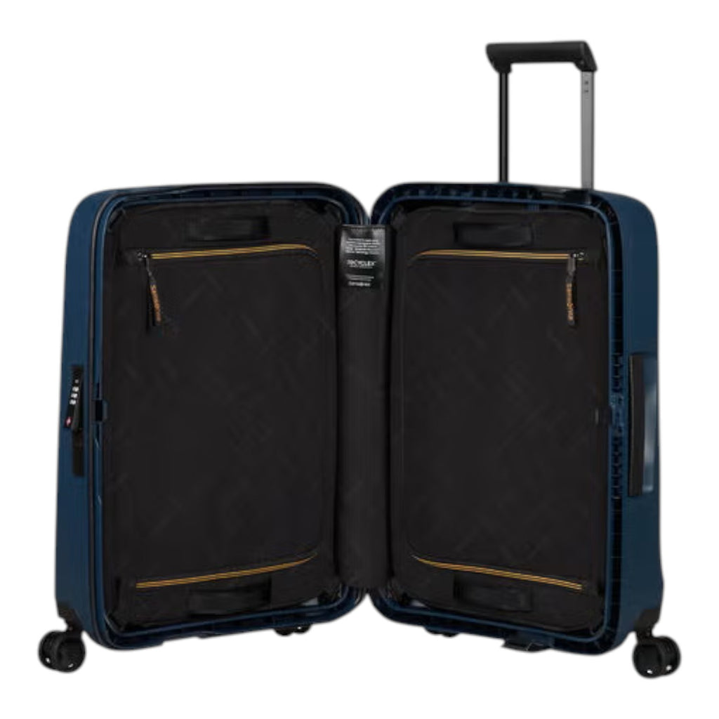 Lieblingstasche navy blue spinner suitcase with TSA lock and adjustable handle, open to show black interior with zippered compartments.