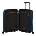 Lieblingstasche navy blue spinner suitcase with TSA lock and adjustable handle, open to show black interior with zippered compartments.