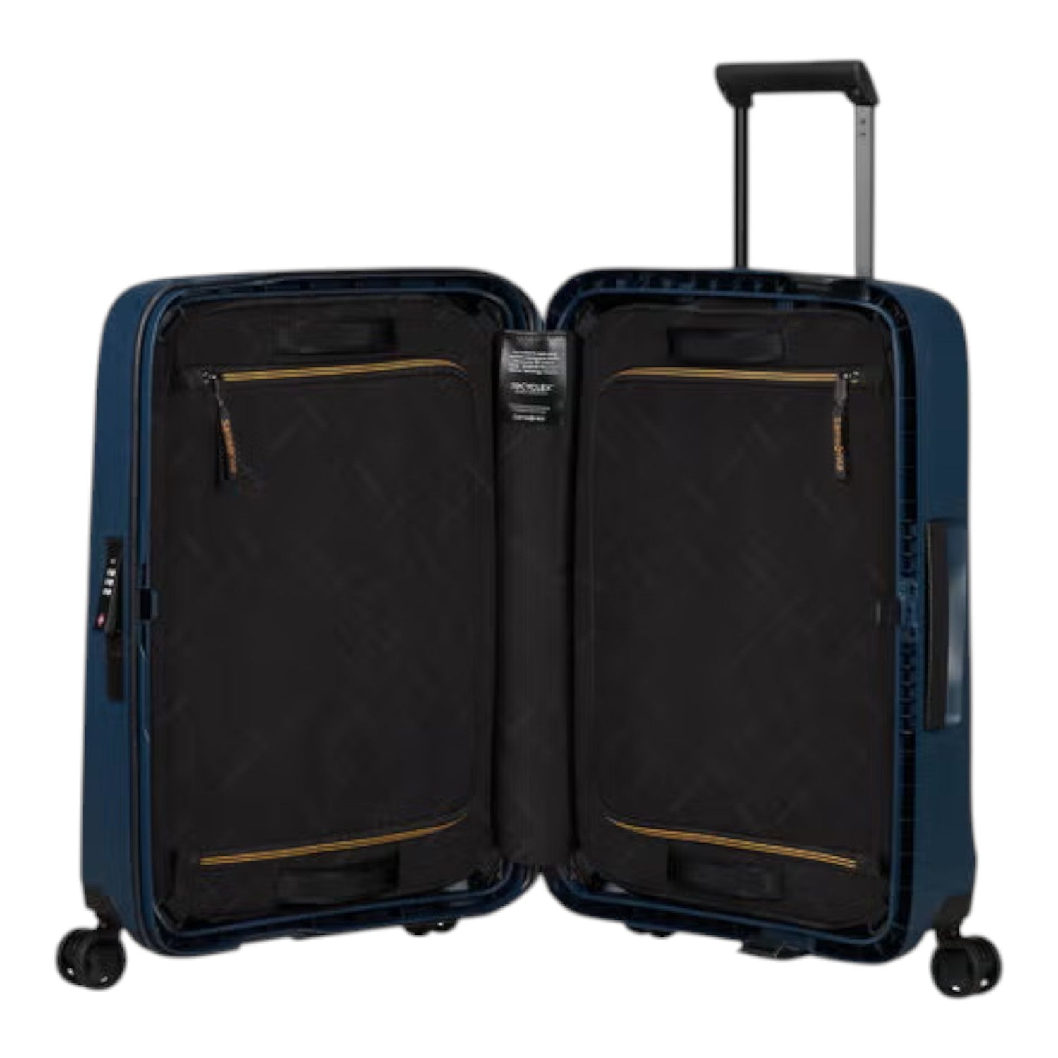 Lieblingstasche navy blue spinner suitcase with TSA lock and adjustable handle, open to show black interior with zippered compartments.