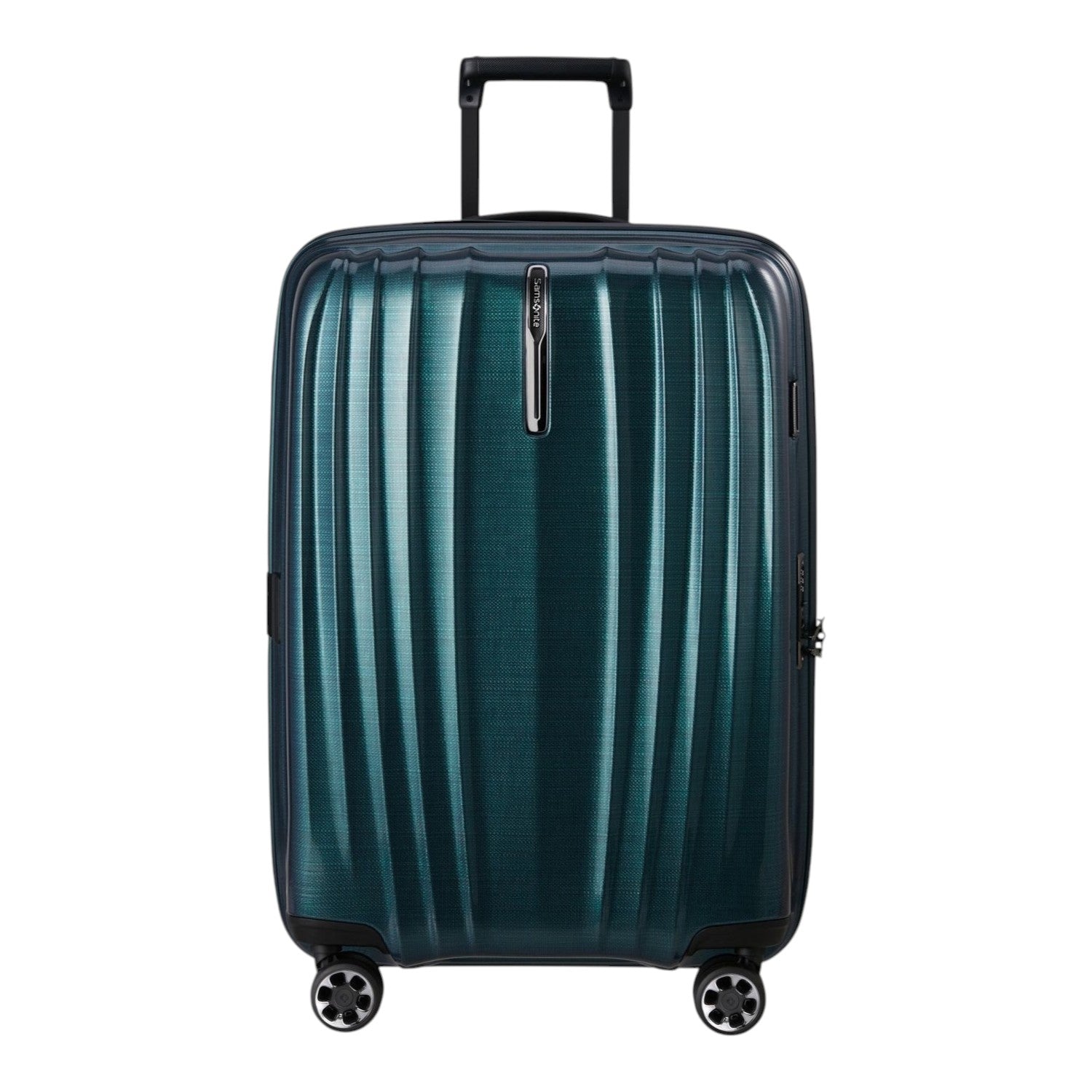 Lieblingstasche NEXIS Spinner 76/28 Exp suitcase in dark teal with a ribbed hard shell and four spinner wheels.