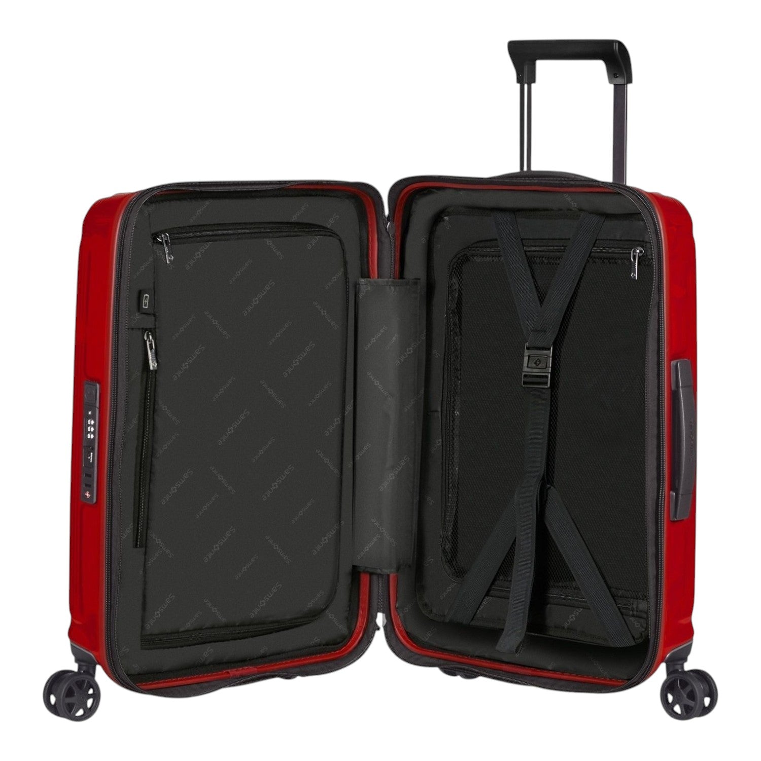 Lieblingstasche NUON Spinner 55/20 Exp carry-on suitcase in red with open interior, zippered dividers, and straps.