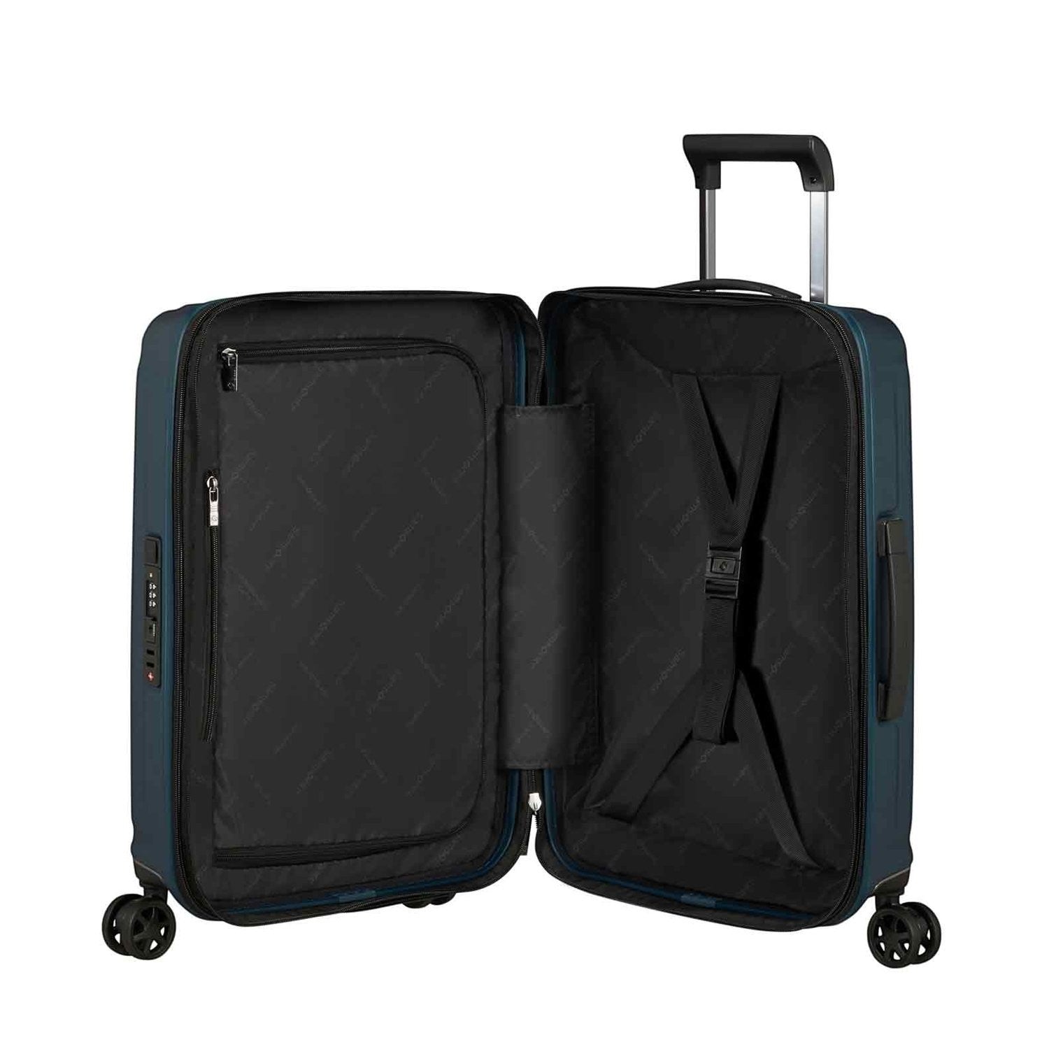 Lieblingstasche NUON Spinner 55/20 Exp carry-on suitcase in dark blue with open interior and packing straps