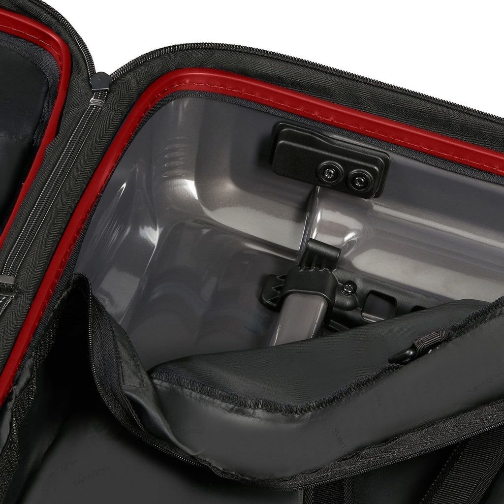 Lieblingstasche NUON Spinner 55/20 Exp interior view showing black hard shell casing with red trim and zipper detail