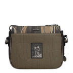 Lieblingstasche cross-body bag in olive green with a cat graphic patch and abstract patterned top panel
