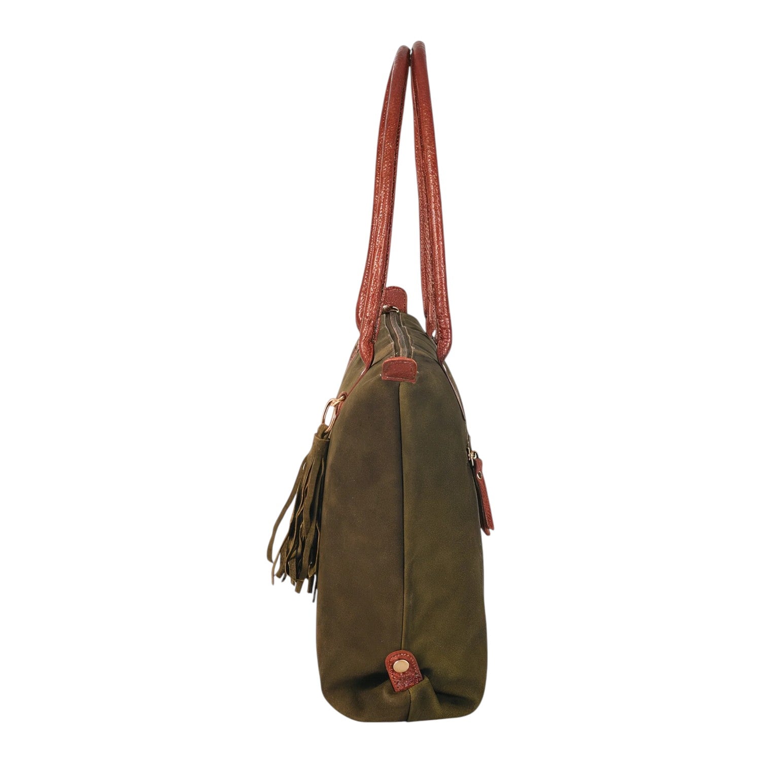 Lieblingstasche Sofia L olive green suede tote bag with brown leather straps and tassel detail.
