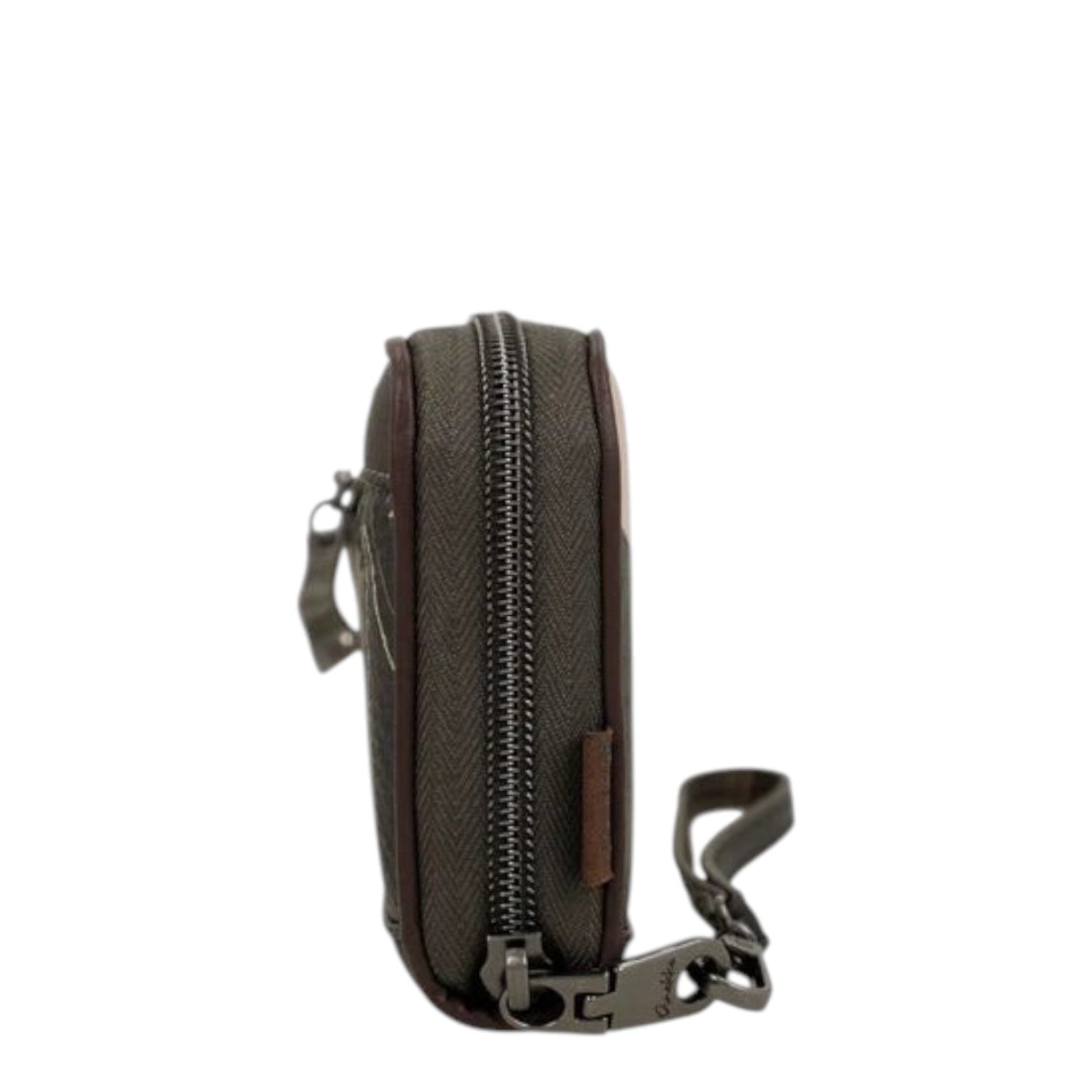 Lieblingstasche olive green compact wallet with a sturdy zip closure and a detachable wrist strap, side view.