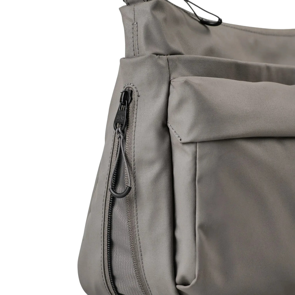 Lieblingstasche Omono RE lite grey crossbody bag featuring a side zipper pocket and durable synthetic fabric.