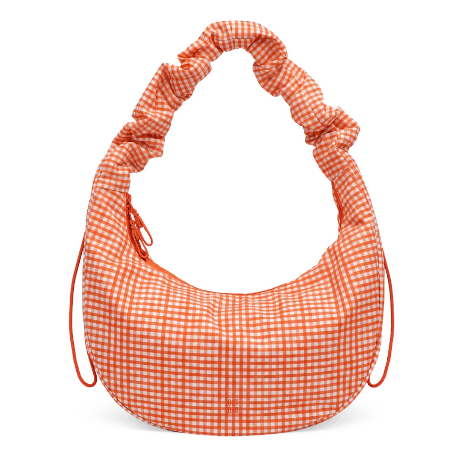 Lieblingstasche large moon bag with orange and white gingham pattern and ruched handle.