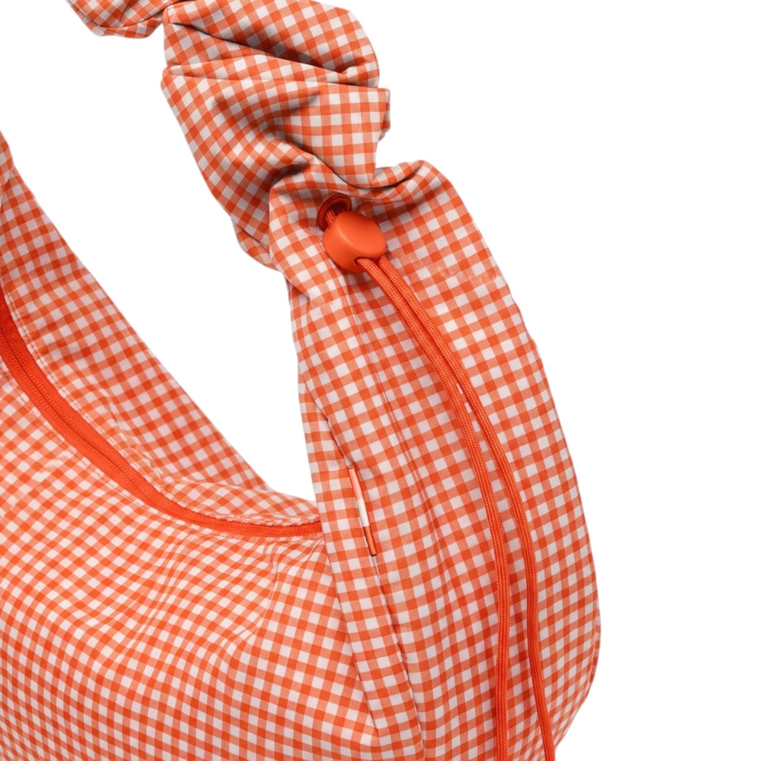 Lieblingstasche large moon bag with orange and white gingham pattern and adjustable drawstring strap.