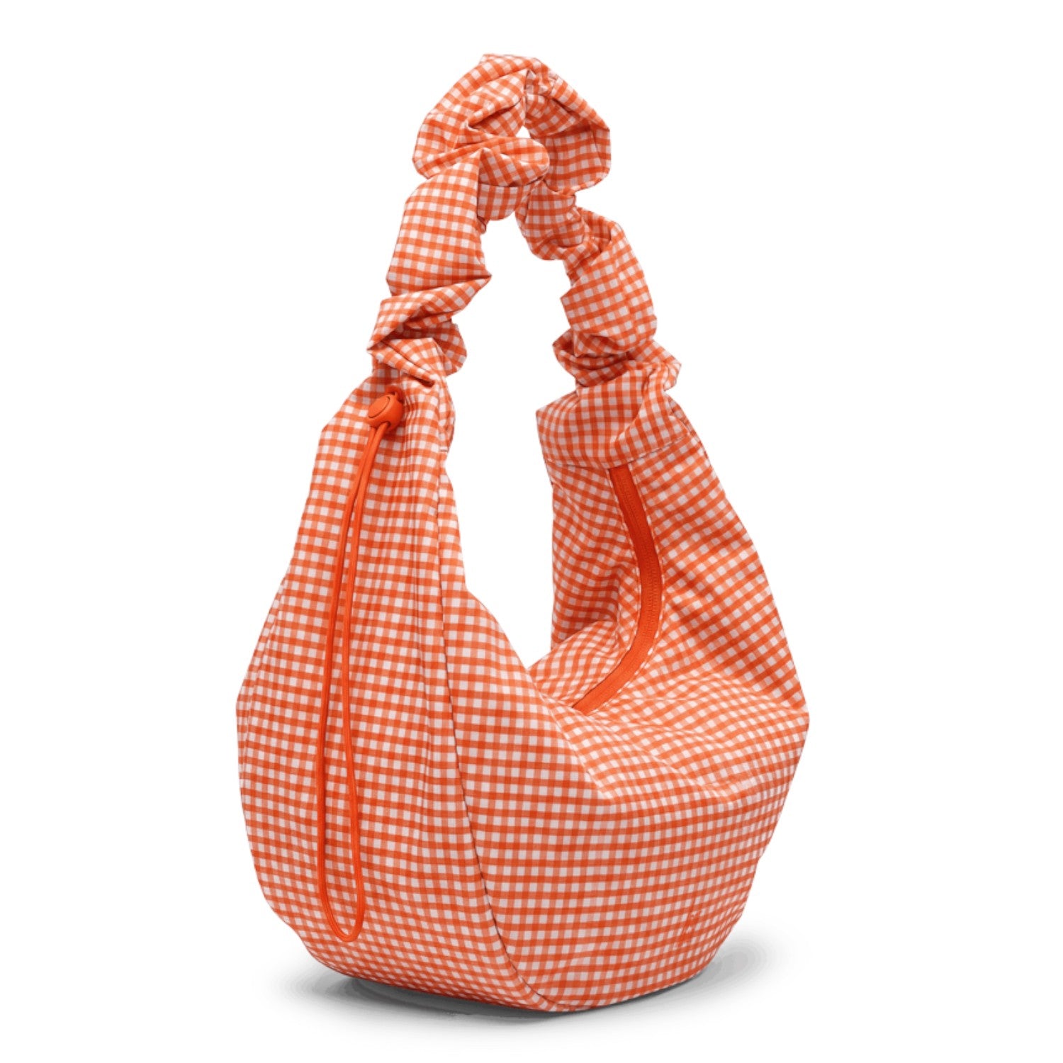 Lieblingstasche large moon bag in orange and white gingham with ruched strap and orange zipper detail.