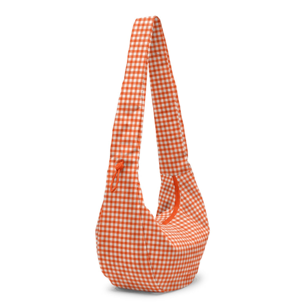 Lieblingstasche orange and white gingham large moon bag with ruffle detail and drawstring.
