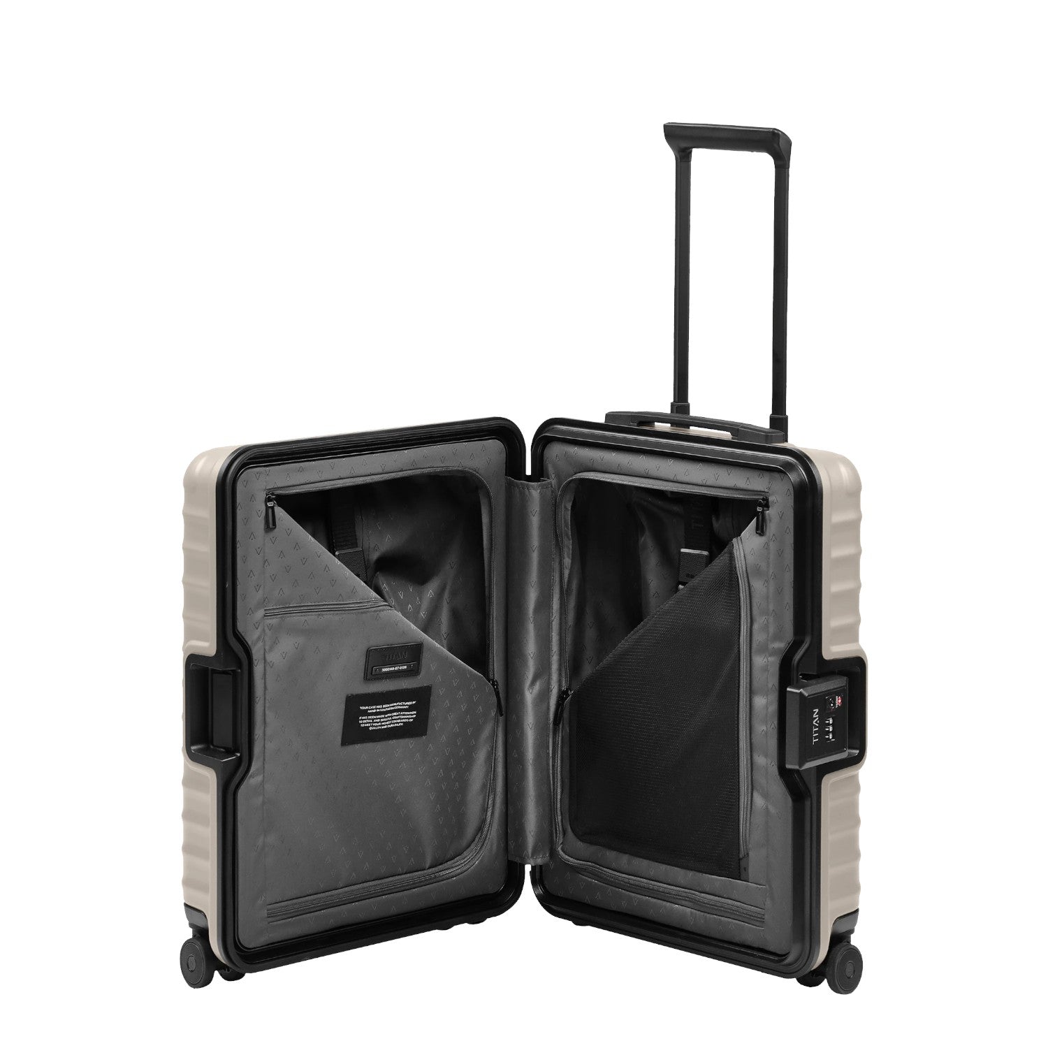 Lieblingstasche OVERSEAS 4w Trolley S20 open showing grey interior lining with mesh pockets and integrated lock