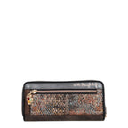 Lieblingstasche wallet featuring a multi-colored patterned design, front zip pocket, and decorative floral charm