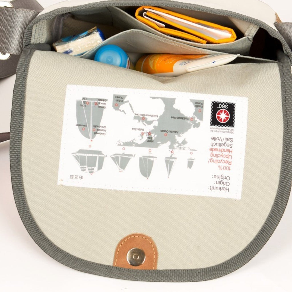 Lieblingstasche Perle crossbody bag interior view showing recycled sailcloth material and organized compartments