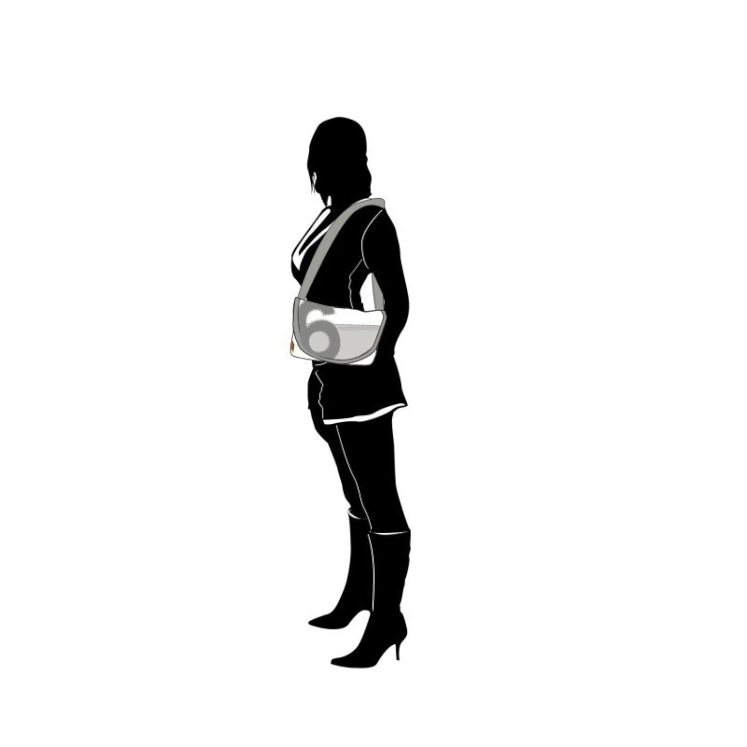 Lieblingstasche Perle shoulder bag with a grey and white graphic design worn by a silhouette model