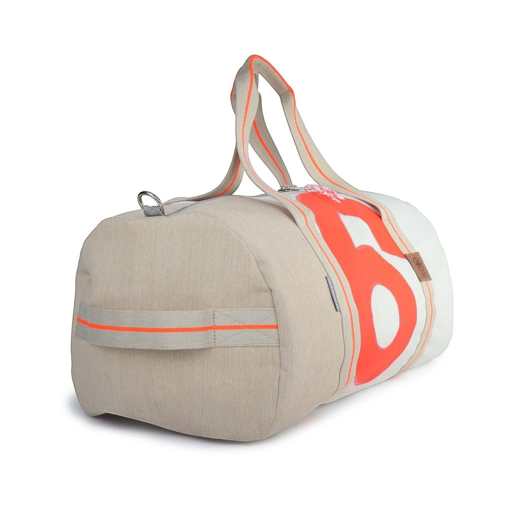 Lieblingstasche Pirat duffel bag in beige and white canvas with vibrant orange accents and large number print