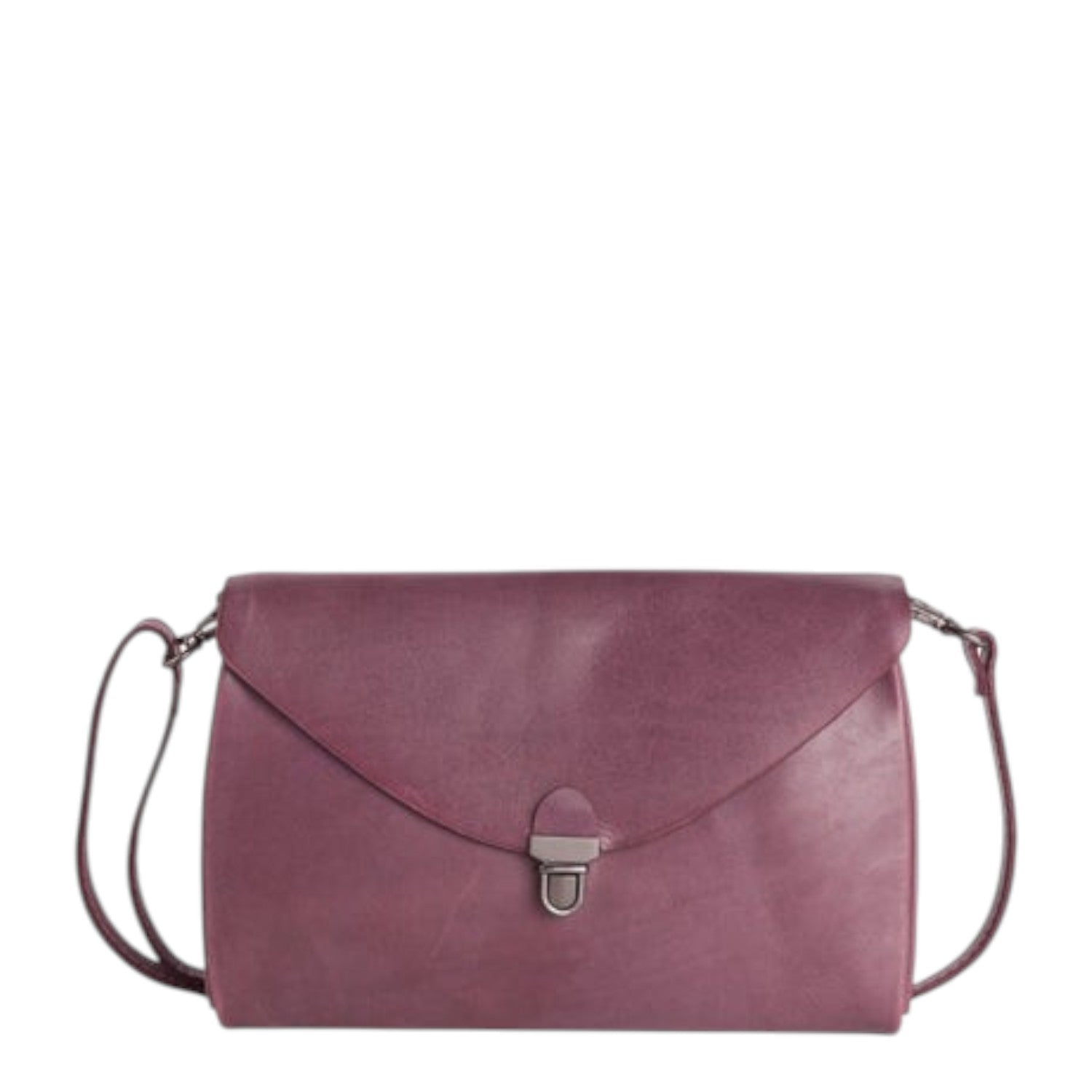 Lieblingstasche plum leather fold handbag clutch with silver clasp and adjustable strap.