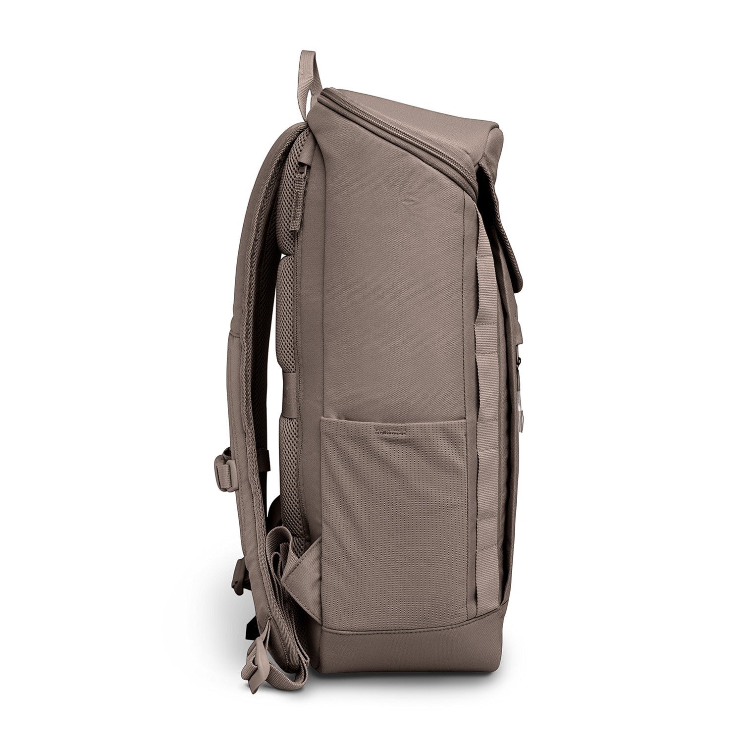 Lieblingstasche Pro Pack taupe backpack with mesh side pocket and padded straps.