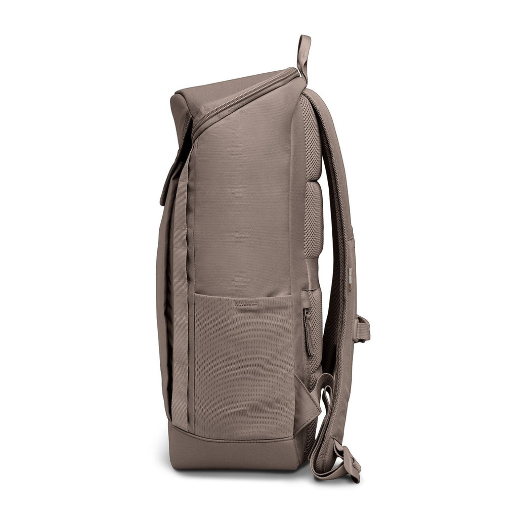 Lieblingstasche Pro Pack backpack in taupe with padded straps and mesh back panel, side pocket.