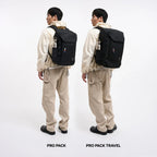 Lieblingstasche Pro Pack Travel black recycled plastic backpack worn by a man with a side water bottle pocket