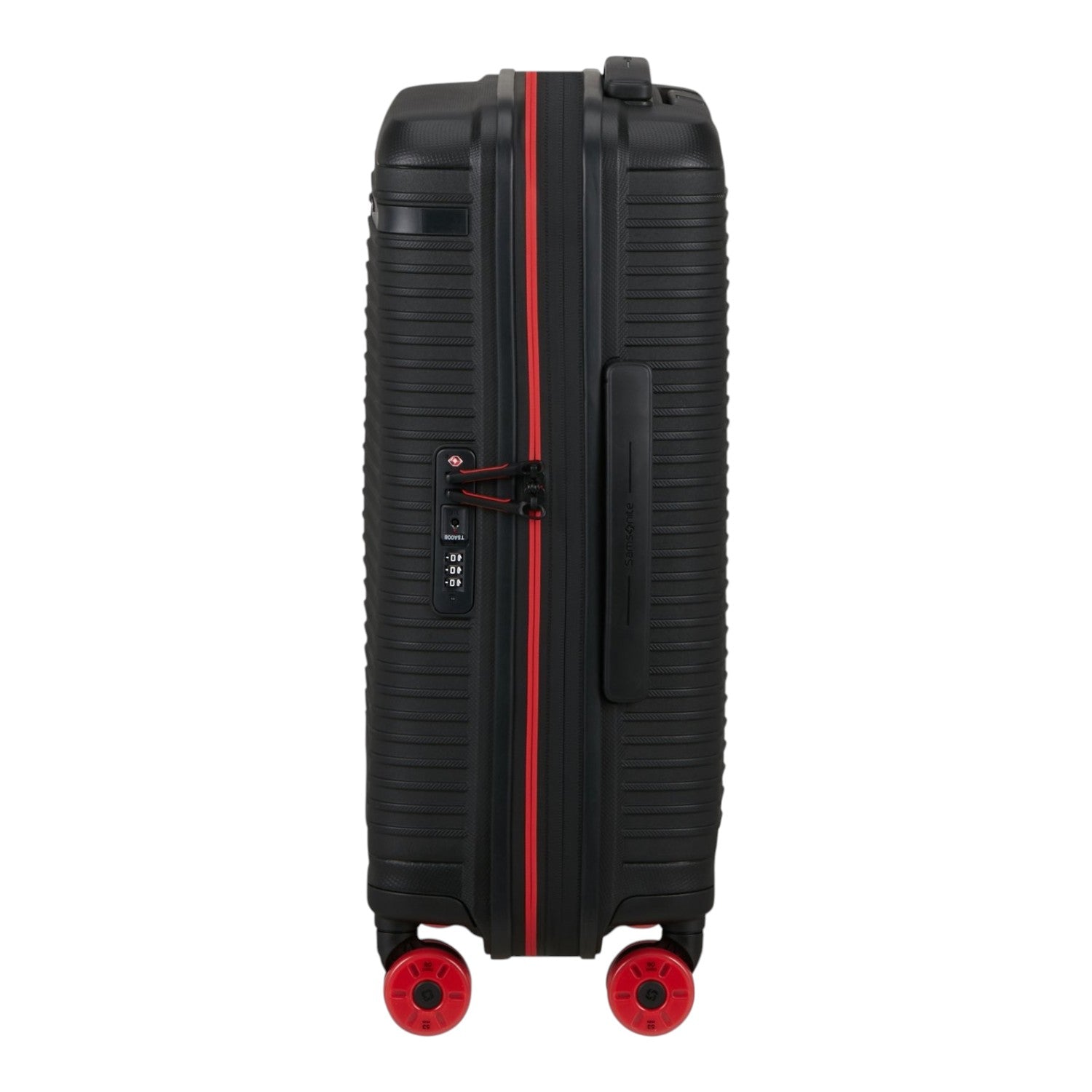 Lieblingstasche PRODIVER HS black spinner suitcase with red accents, TSA lock, and four wheels, side view.
