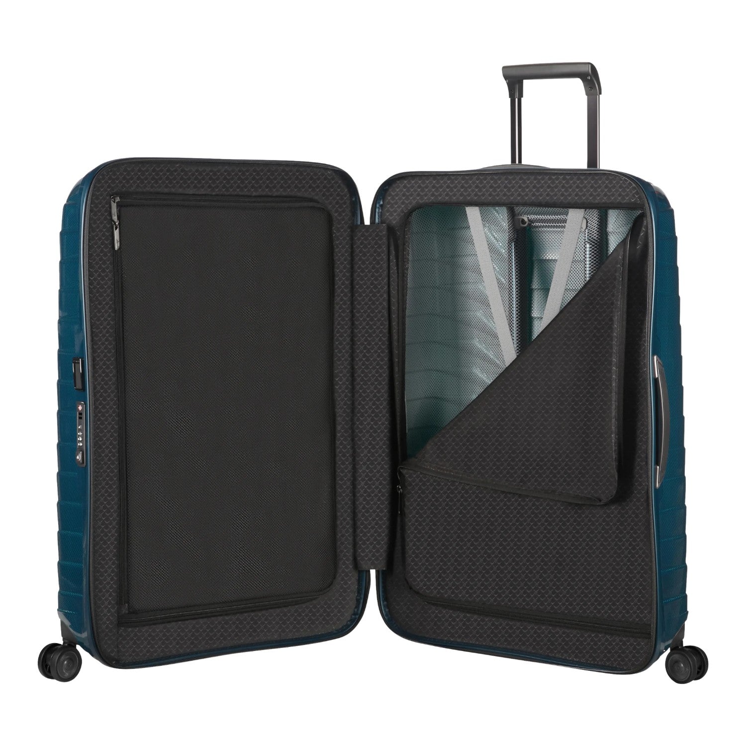 Lieblingstasche Proxis Spinner 75 teal suitcase, open to show spacious interior with straps and zippered compartments.