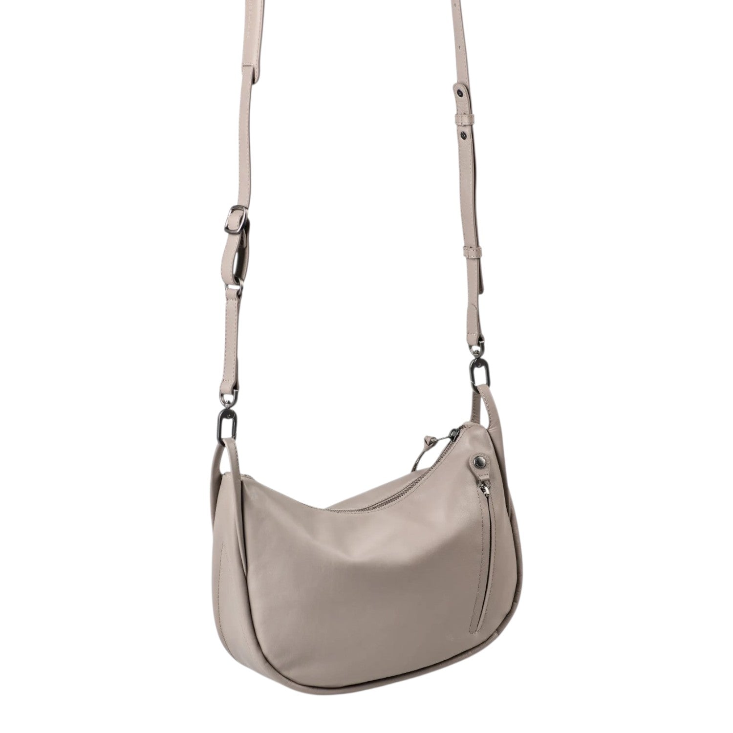 Lieblingstasche Raven taupe leather crossbody bag with adjustable strap and side zipper detail