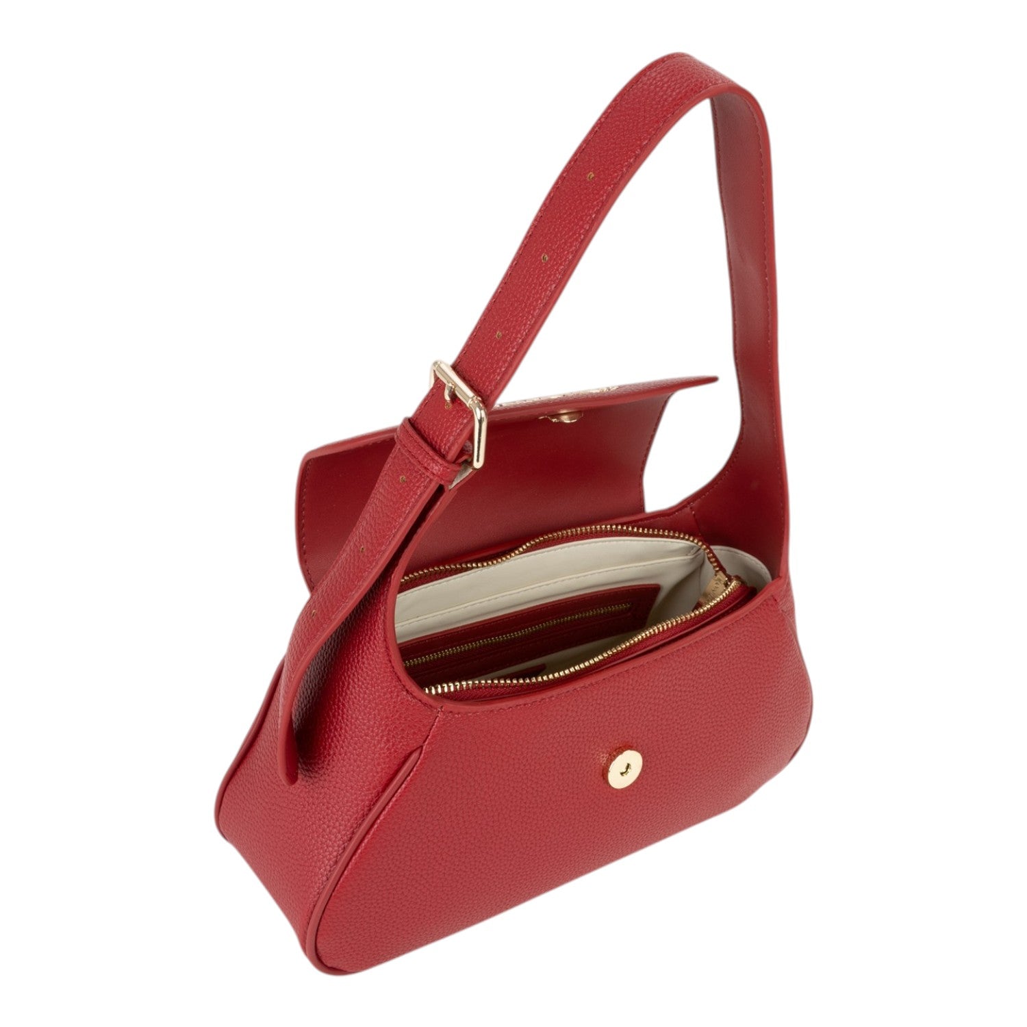 Lieblingstasche Daphne Re red pebbled leather flap bag with gold hardware and adjustable strap.